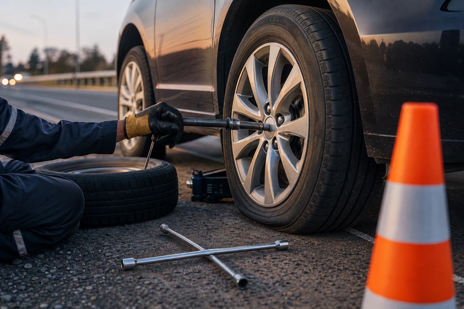 Flat tire on road