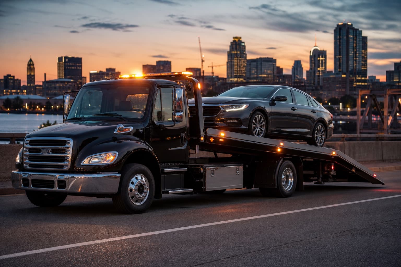 Tow truck on road at night